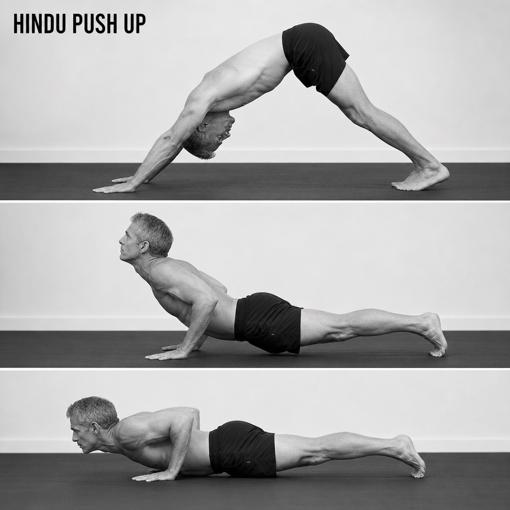 Hindu pushup technique — the six-step arc from inverted-V through sweep to extension and return